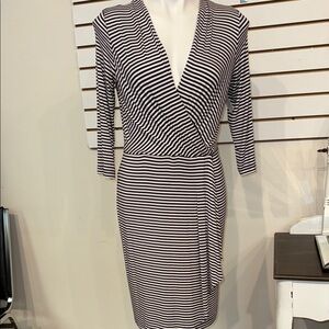 Calvin Klein Blue and White Sheath Dress with Plunge Neckline